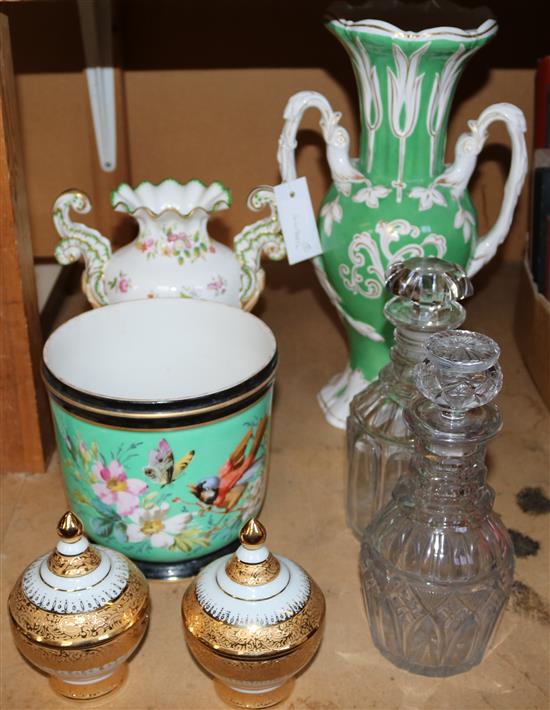 3 Continental porcelain vases, pair of decanters & 2 lidded pots